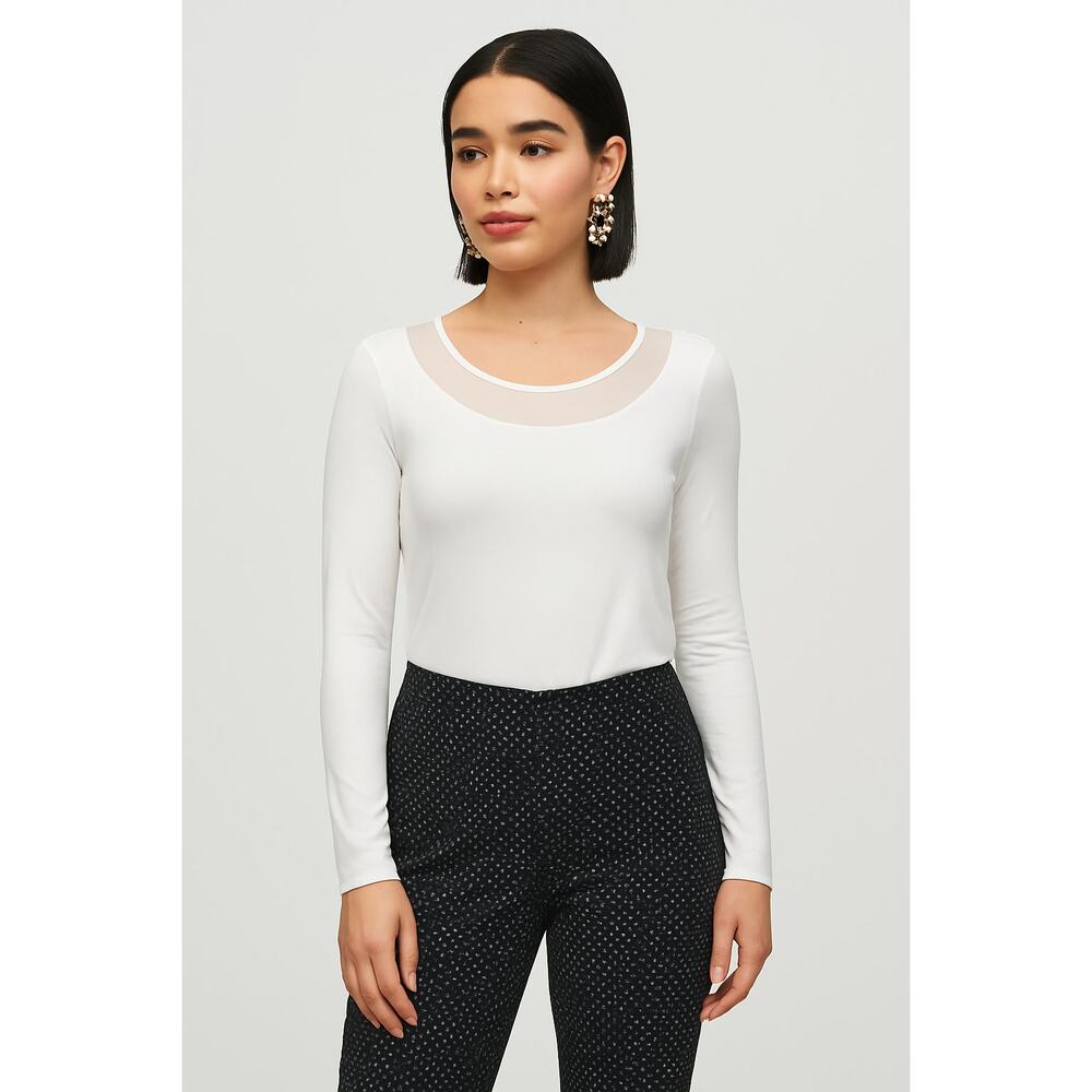 NWT Joseph Ribkoff Silky Knit  Mesh Fitted Top Size 10 White Round‎ Neck